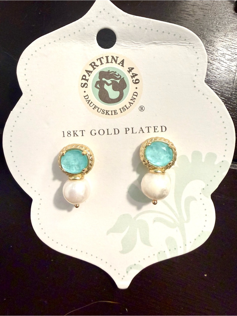 NWT Spartina 449 Karina Gold-Plated Aqua Glass & Pearl Drop Earrings